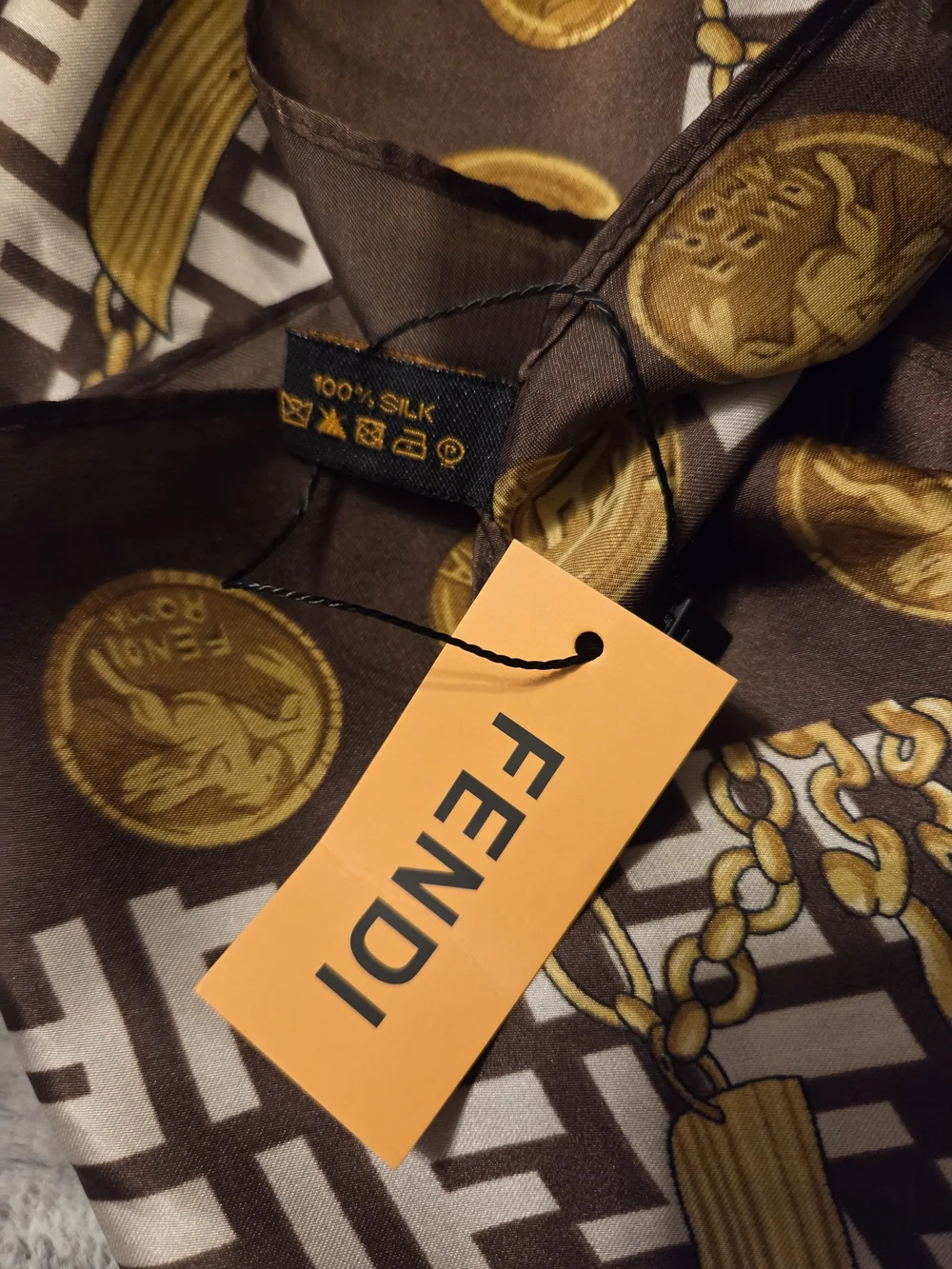 FF Brown & Gold Logo Print Silk Scarf NWT